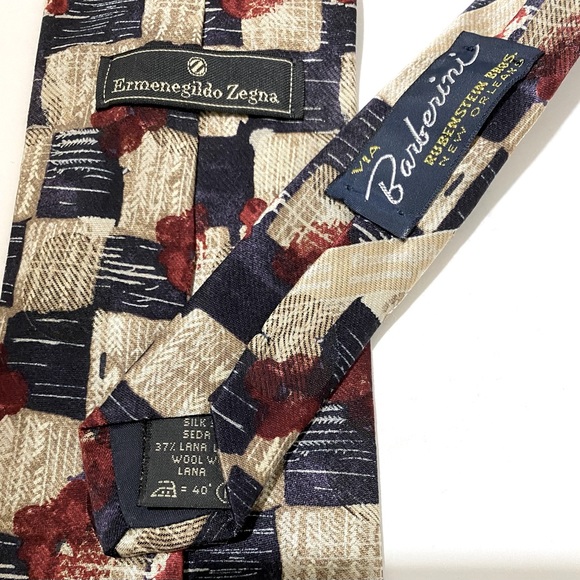 VTG Ermenegildo Zegna Silk & Wool Tie Navy Ivory Burgundy Square Rubenstein Bros - Picture 5 of 6